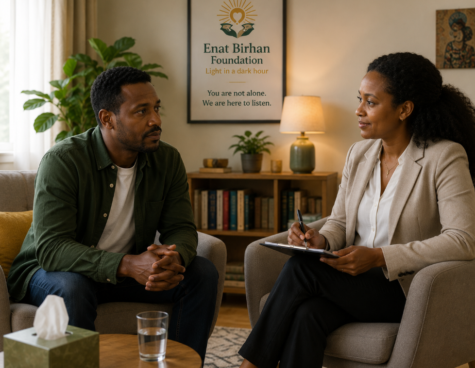 A counsellor listening attentively to a patient in a calm, supportive session — the Enat Birhan approach in practice