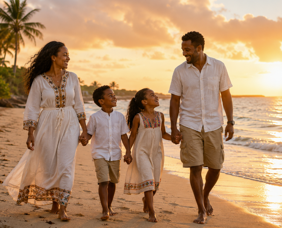 A joyful Ethiopian family walking together on a warm sunset beach — representing the families we support