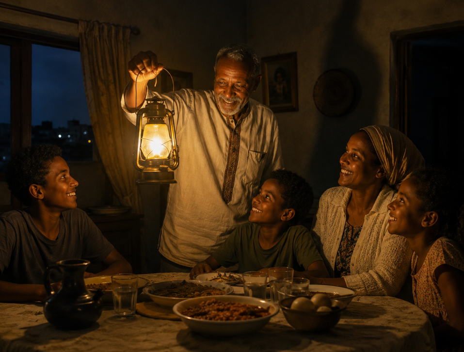 An Ethiopian family gathered around a table, lit warmly by a lantern held by an elder — light in darkness