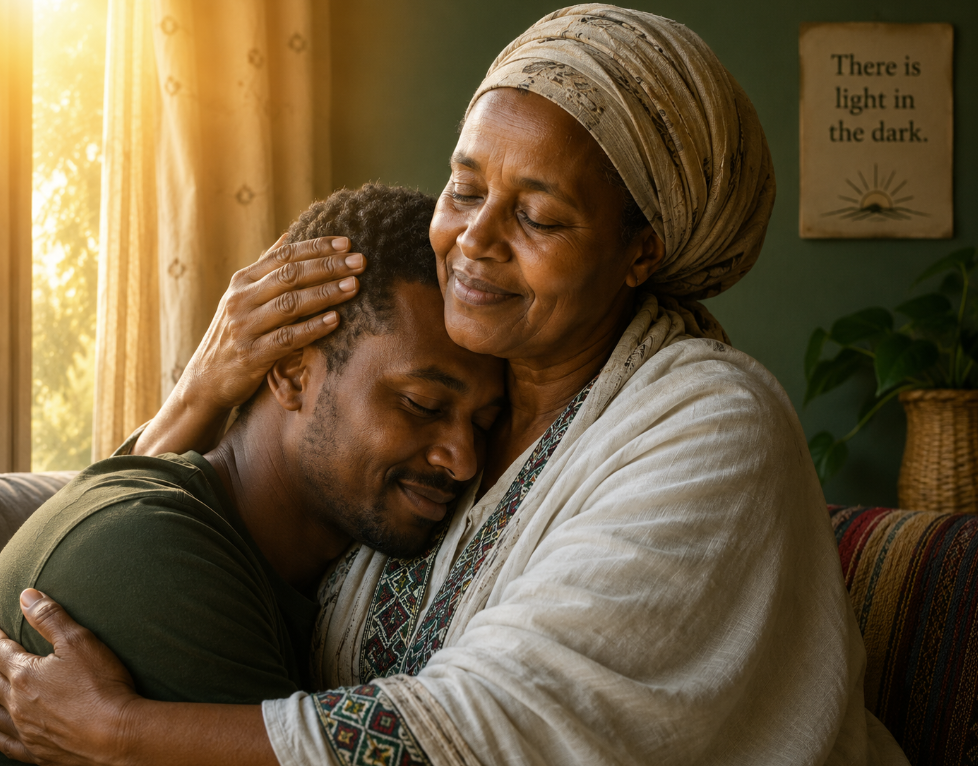A mother tenderly holding her son, comforting him with warmth and love — the spirit of Enat Birhan